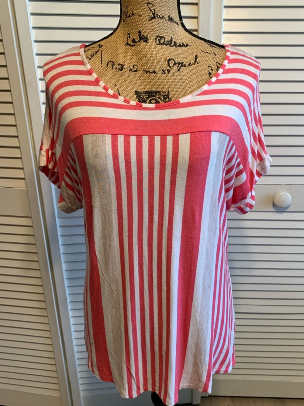 Women's Pink and White Striped Short Sleeve Top